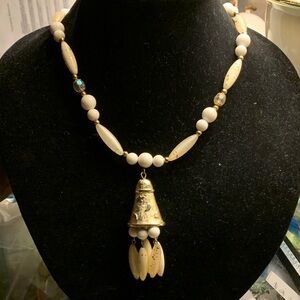 Elegant White and Gold Tone Bell Pendant Necklace 18 inches